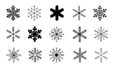Black Snowflake Vector Clipart Set. Isolated Winter Graphic Elements. Snow flakes shapes for frost background.
