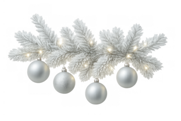 White christmas tree branch with silver baubles and twinkling lights, festive winter holiday decoration, transparent background