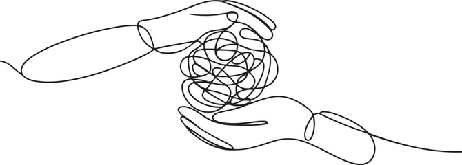 Continuous one line drawing of mental health concept with hands and tangled ball. Symbol of confused mind and problems and support to untangle knot in simple linear style. one line Icon drawing