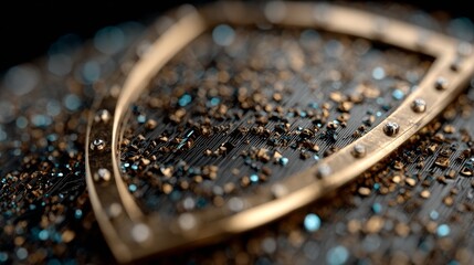 Abstract metallic shield frame on a textured surface adorned with sparkling gold and blue specks