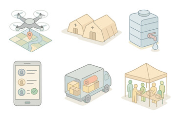 Crisis Response Tools. Isometric vector illustration set of crisis response tools: aerial mapping device, field hospital tents,