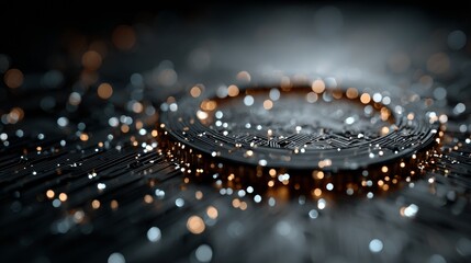 Intricate macro view of a circular electronic element sparking with effervescent luminous particles