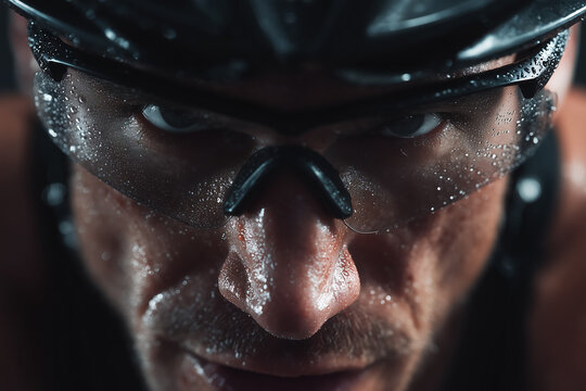 Focused young man cyclist with helmet and glasses covered in water droplets