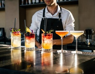A skilled mixologist presenting a vibrant lineup of five expertly crafted artisanal cocktails on a reflective bar counter