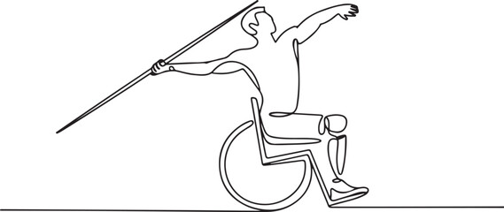 Disabled male javelin thrower. Parasport one-line drawing. one line Icon drawing