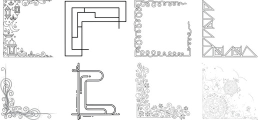 Collection of six corner border designs in black and white isolated on transparent background