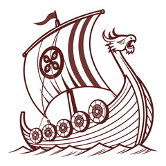 Viking Longship with Dragon Head and Shield Motif on White Background Keywords: viking, longship