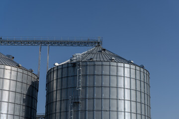 Large, shiny metal grain silos stand tall under a clear blue sky, representing efficient agricultural storage and industrial processing.