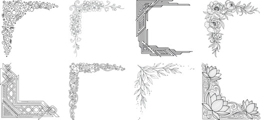 Set of eight decorative corner ornaments with floral and geometric designs isolated on transparent background