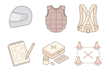 Stunt Prep Essentials. Isometric vector illustration set of action performance preparation: helmet with visor, body armor pads,