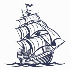 Old Sailing Vessel with Sails on Water Dark Blue Keywords: sailing ship, tall ship, vintage ship