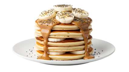 Vegan protein pancakes with almond butter, bananas, and chia seeds, photographed with professional studio clarity for easy background removal. Isolated on White background
