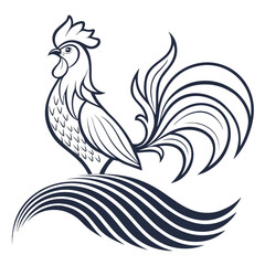Stylized Rooster Silhouette with Flowing Tail Feathers chicken bird