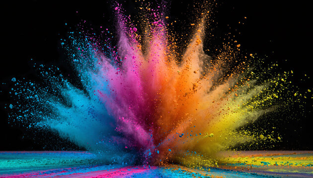 Bunte Farbpulver-Explosion auf schwarzem Hintergrund als abstrakte Kunst