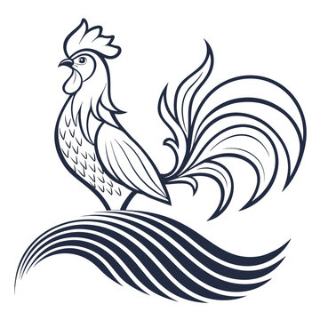 Stylized Rooster Silhouette with Flowing Tail Feathers chicken bird