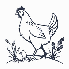 Line Art Chicken Standing Near Eggs and Grass on White Background fowl bird