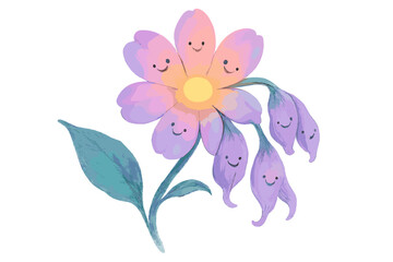 Paradoxical Blooming Flower. A paradoxical flower wilting and blooming at the same time, tiny happy faces on petals, gentle