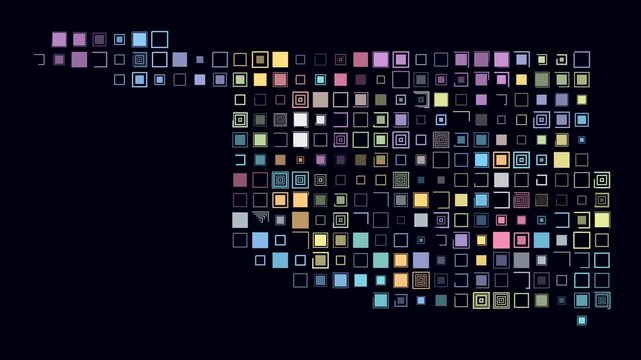Oklahoma animated shape. Pulsating colored dots on the map of the state. Large size square blocks. Digital style Oklahoma map on dark background. Artistic animation video.