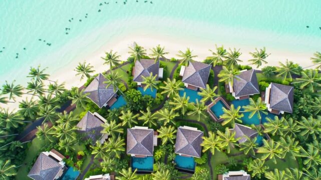 Aerial view of luxury resort villas surrounded by lush palm trees showcasing tropical paradise vacation destination premium travel lifestyle relaxation exclusivity and island hospitality