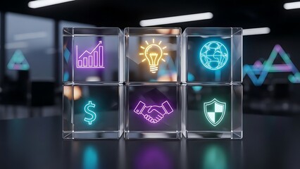 Neon business icons glowing within transparent cubes representing growth innovation global reach finance partnership and security on a reflective surface
