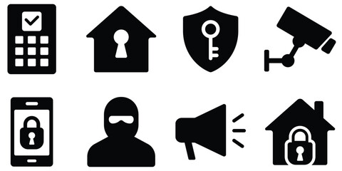 Home security icon set, Digital protection symbol pack, Safety and privacy silhouette collection
