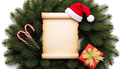 Blank parchment scroll with santa hat, candy canes, and gift box on green christmas wreath isolated on white background