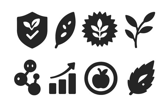 Plant Hormesis Icons. Solid style icons of plant hormetics (xenohormesis): polyphenol badge, bitter compound leaf, antioxidant