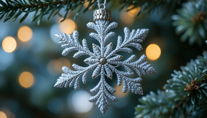 Silver snowflake ornament hanging on a christmas tree with blurred lights background