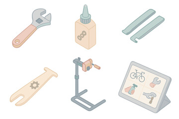 Cycle Repair Tools. Isometric vector illustration set of cycle repair process: adjustable spanner, chain lube, tire lever set,