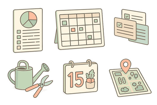 Sustainable Garden Icons. Isometric vector illustration set of sustainable garden coordination: volunteer time tracker, weekly