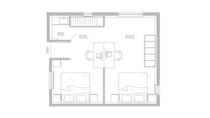 Floor plan of a room with two beds, a desk, and shelves