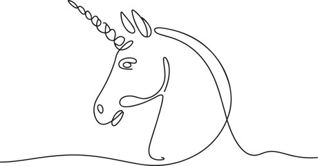 Unicorn silhouette. Continious one line drawing. Magic art. Black line, Unicorn head. Continious one line. one line Icon drawing