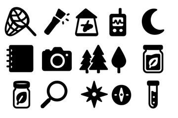 Acoustic Ecology Tools. Solid style icons of field research in acoustic ecology: net, flashlight, moth trap, bat detector,
