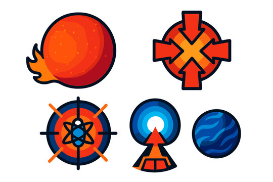 Stellar Collapse Illustration. Isometric vector illustration set Stellar Collapse: red supergiant star, core implosion arrows,