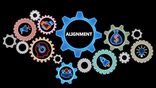 Business concept of alignment represented by interconnected gears with icons for teamwork, strategy, and growth on a black background