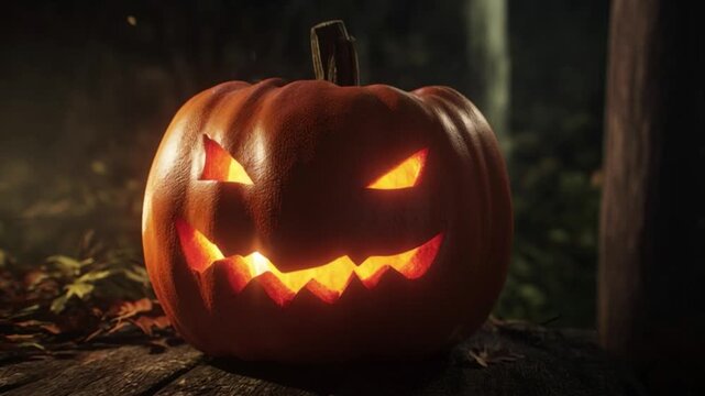 Close up pumpkin lantern with spooky light effect glowing in dark forest atmosphere Halloween celebration background in autumn cinematic scene mystic fire illumination eerie seasonal night mood 4k foo
