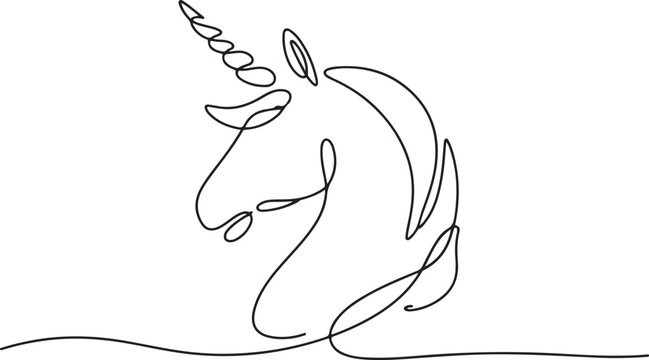 Unicorn silhouette. Continious one line drawing. Magic art. Black line, Unicorn head. Continious one line. one line Icon drawing