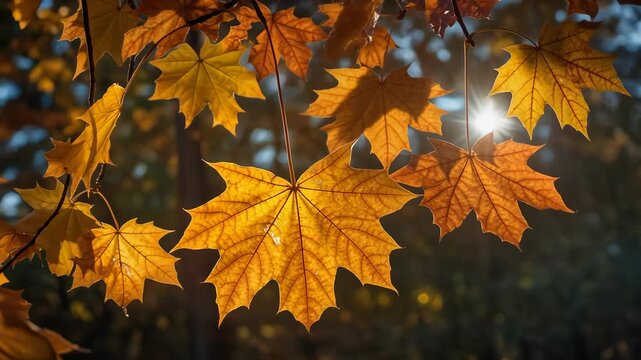 Beautiful autumn leaves glowing in sunlight, perfect for seasonal nature backgrounds and fall themes