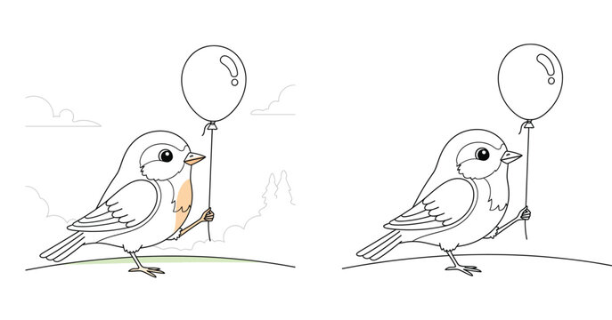 Cute cartoon bird holding a balloon, black and white line art character with minimal color for coloring book vector illustration