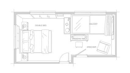 Detailed floor plan of a hotel room with balcony interior design