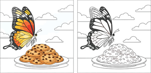 Colorful cartoon butterfly flying towards a plate of chocolate chip cookies, vector illustration with black and white line art cloud background