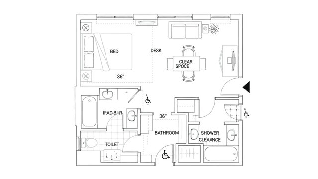 Detailed floor plan of an accessible studio apartment