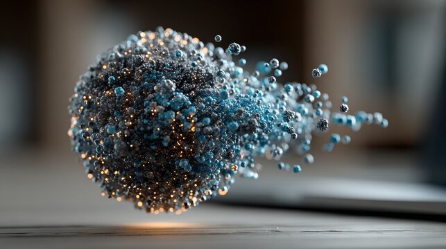 A captivating macro view of a sparkling orb releasing tiny luminous elements in slow motion