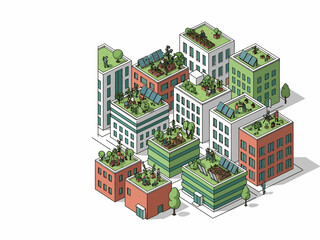 Obraz premium Sustainable Cityscape Rooftop Gardens & Solar Panels in Urban Buildings