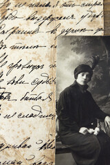 Vintage studio portrait of beautiful woman. Part of a letter on the back of a old photo during the 1917 revolution:
"Proudly stand...
Save in your soul....
Don't call fate....."
Further illegible