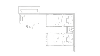Floor Plan Line Drawing of Hotel Room with Desk and Two Beds
