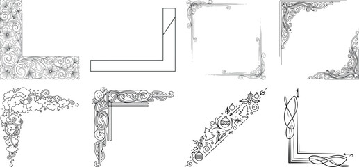 Collection of decorative corner borders in black and white isolated on transparent background