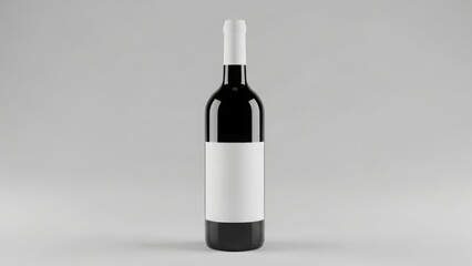 A dark glass bottle of wine with a blank white label and white cap, set against a neutral gray background.