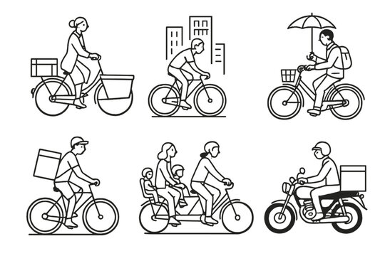 Global Cycling Iconography. Line style icons of bicycle cultures around the world: Dutch cyclist with cargo, fixie bike in city,