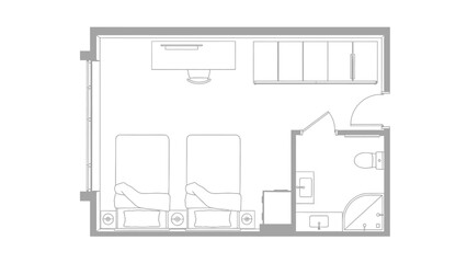 Floor plan of a room with two beds and a bathroom room layout